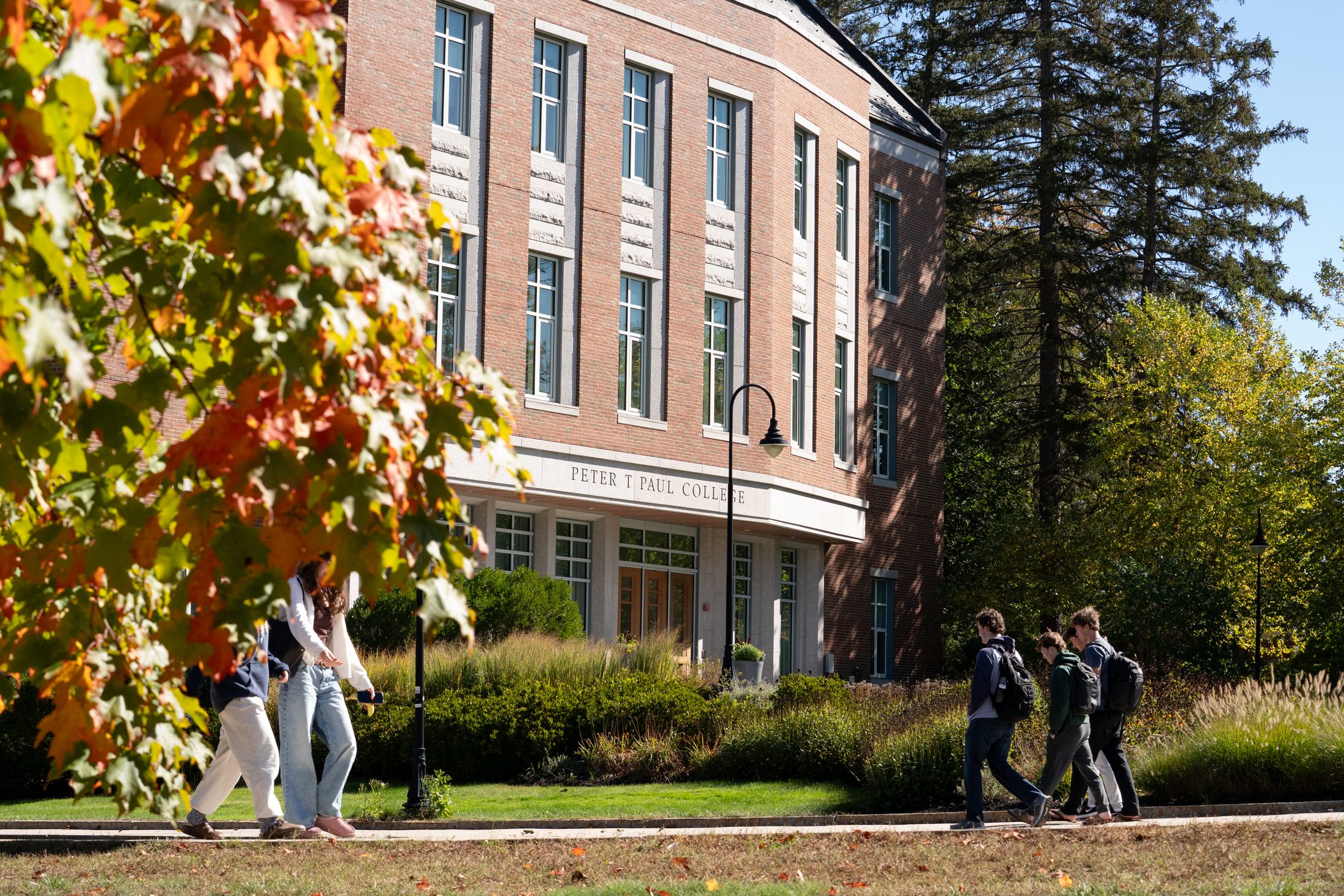Campus buildings framed by fall foliage